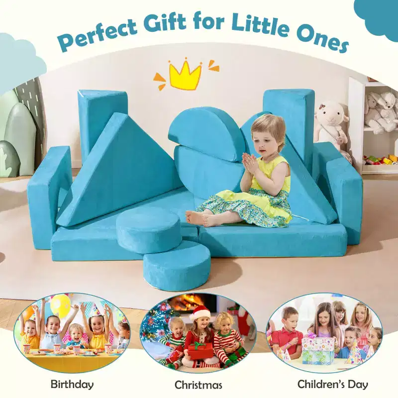 Costway 14 PCS Modular Kids Play Couch Child Sectional Sofa Toddler Soft Playset Blue/Gray/Yellow