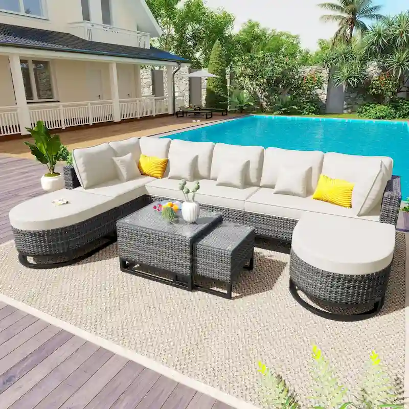 7-Piece Outdoor Wicker Sectional Sofa Set, All-Weather Patio Rattan Furniture Set with Coffee Table and Pillows