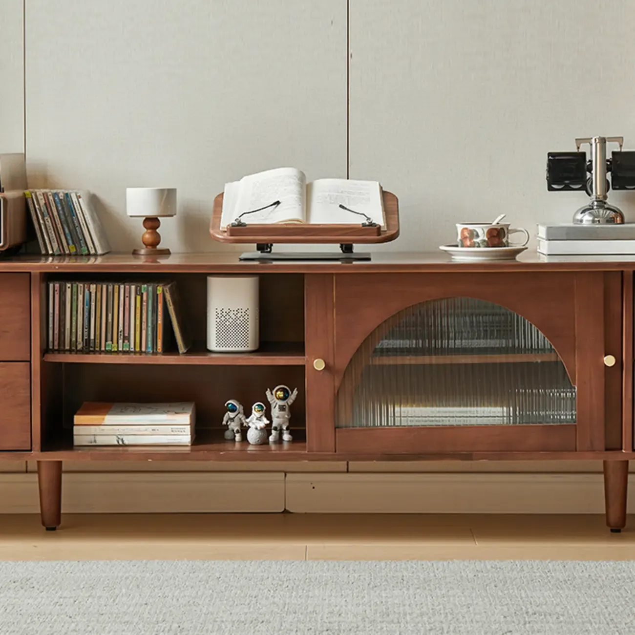 Long Brown 2-Drawer Pine Modern TV Stand with Cabinet