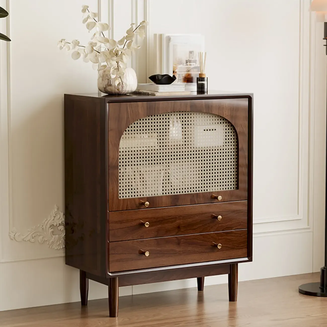 Vintage Brown Wood Rattan Storage Cabinet for Living Room