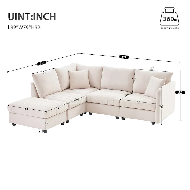 Modern L-Shape Sectional Sofa with Vertical Stripes,2 Pillows,Ottoman,Various Combinations,Beige