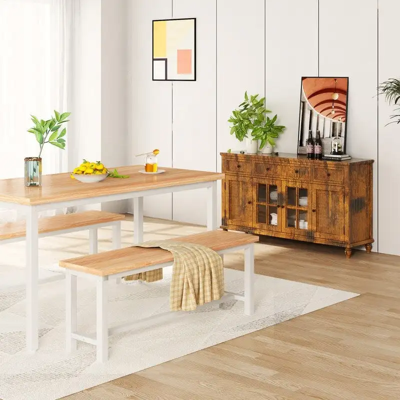 Grondin Industrail Style Dining Bench 2 Pieces Set, Wooden & Steel Dining Benches Set of 2, Durable and Stable Entryway Benches