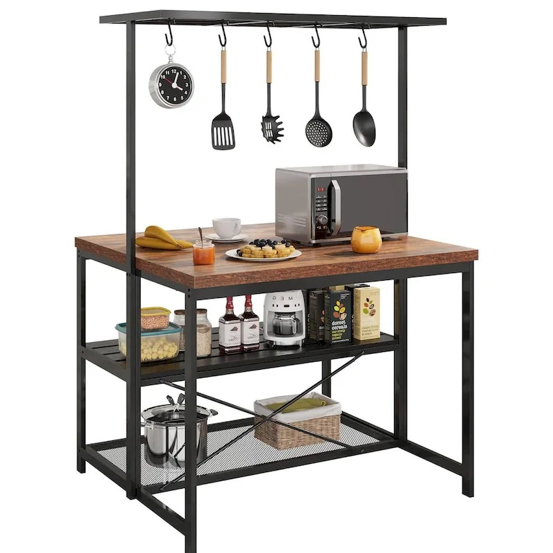 42 3 Tier Kitchen Island Table with Storage Shelf and Hooks - N/A