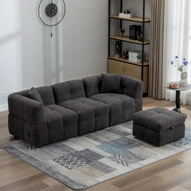 87.7  Sectional Sofa Cozy Teddy Fleece Fabric Sectional Sofa Couch