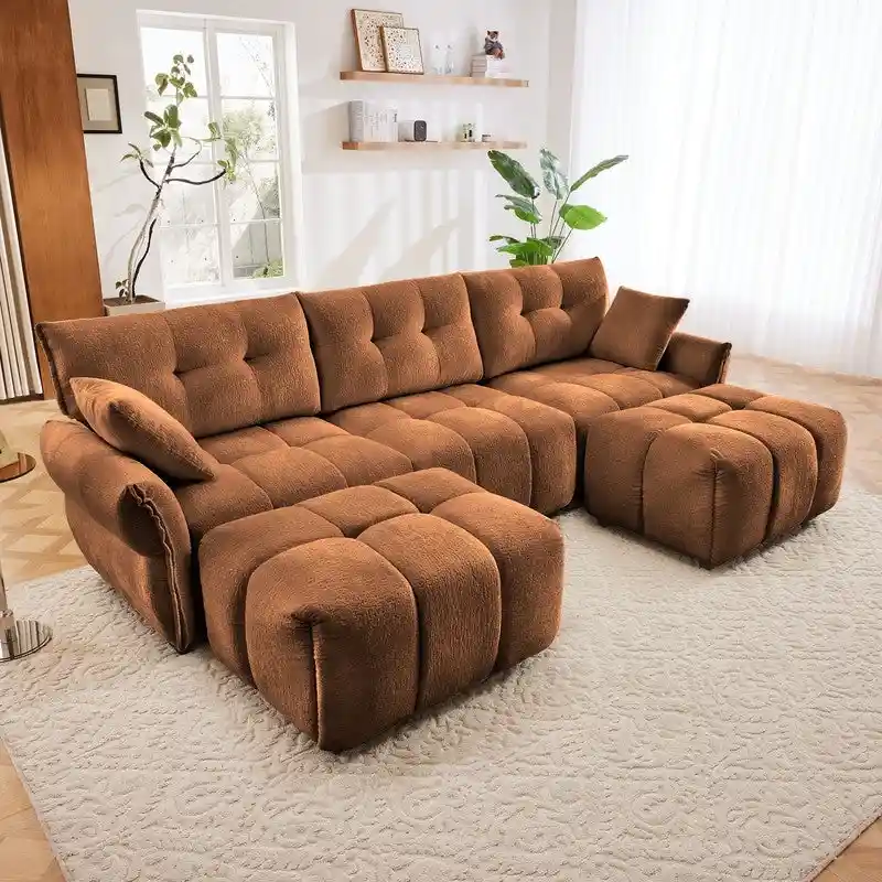 110.2  Chenille 3 Seater Upholstered Sofa, 2 Ottoman