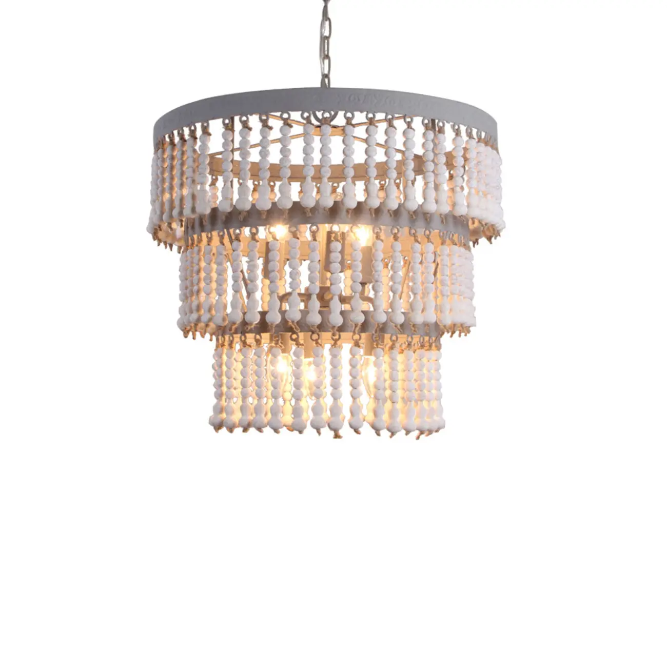 3 Tiers White Wood Beaded Chandelier with Elegant Design