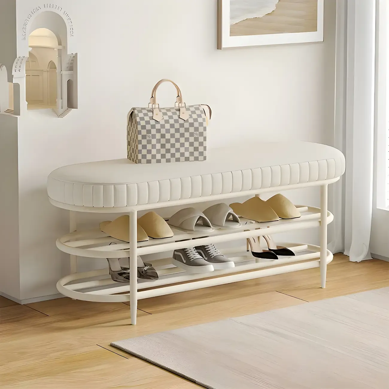 Elegant Oval Metal Cushioned Shoe Rack Bench