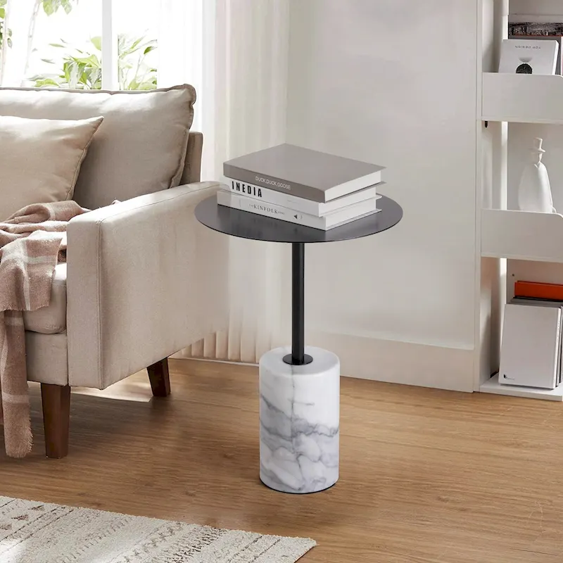 Round End Table with Marble Base, Circular Accent Living Room or Bedside Side Table