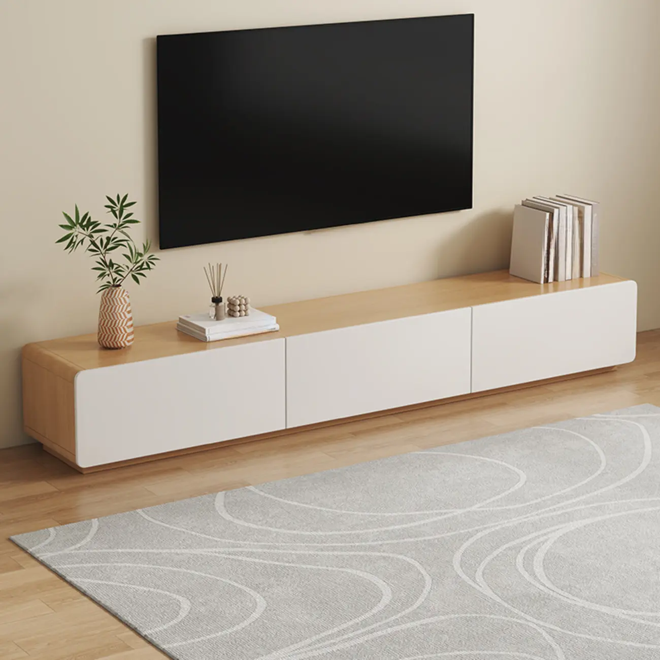 Wooden TV cabinet with storage and cable management