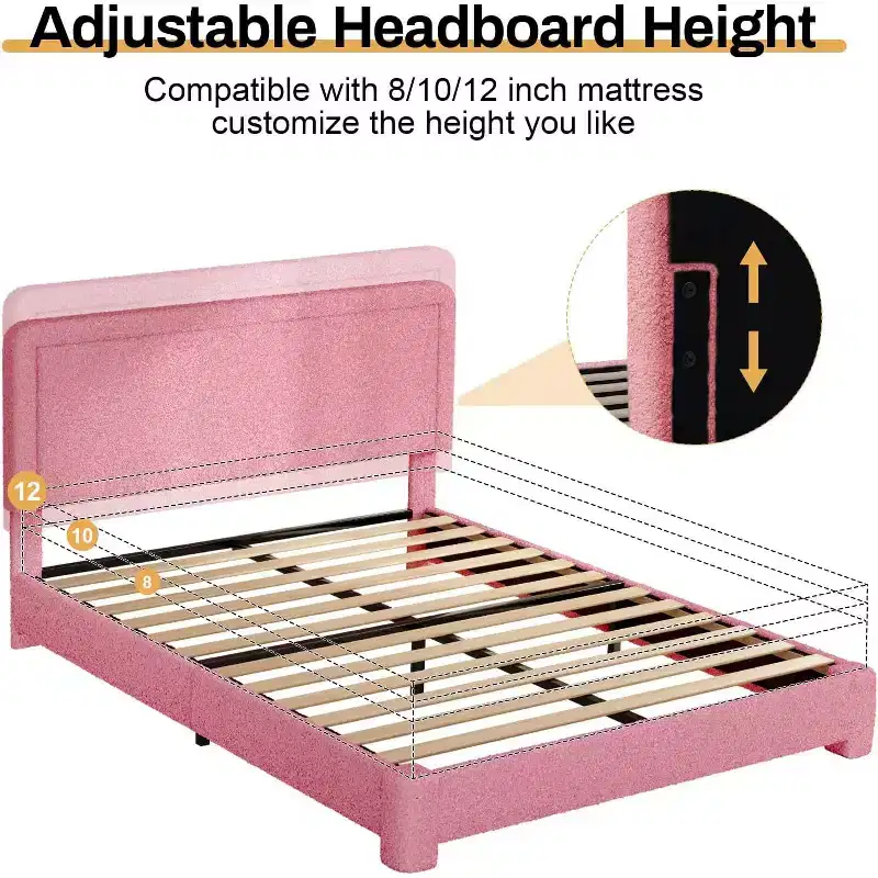 Dyonery Boucle Bed Frame,Black Upholstered Teddy Fabric Bed Frame with Headboard,No Box Spring Required, Adjustable Headboard, Easy Assembly