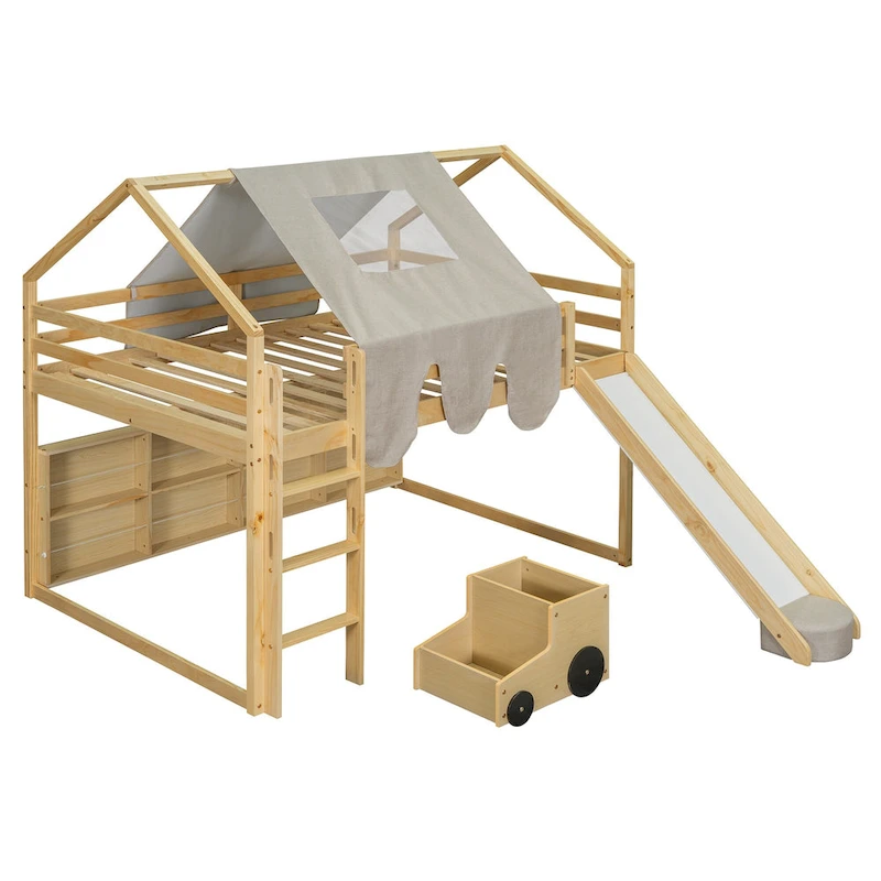 Full Loft Bed with Play Tent, House Design, Slide & Ladder