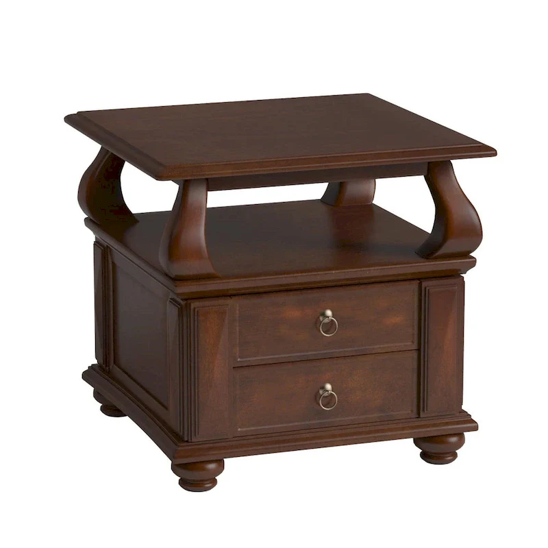 HomeRoots 26 Brown Solid Wood Square End Table With Two Drawers And Shelf - 26' X '26' X '28