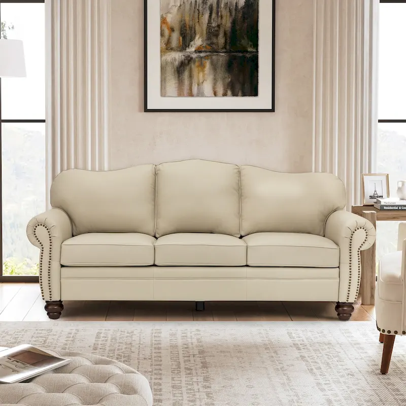 Balvino 81 Wide Transitional Genuine Leather Rolled Arm Sofa with Nailhead Trim and Removable Cushions