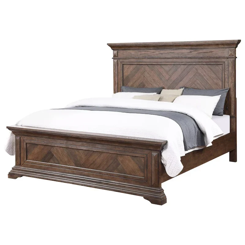 Marv Queen Size Bed, Parquet Pattern, Traditional Style, Brushed Brown Wood