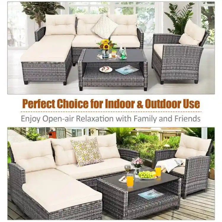 4 Pieces Patio Rattan Furniture Set with Cushion and Table Shelf - 27.5 x 47 x 30 (L x W x H)