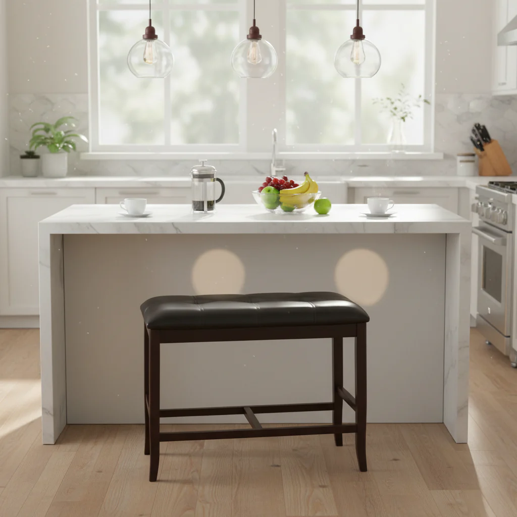 Rubber Wood High Bench with Tufted Upholstery Brown