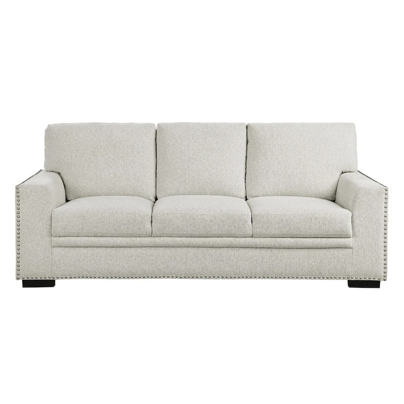 Meil 84 Inch Sofa, Beige Chenille, Nailhead Trim, Foam Cushions, Solid Wood