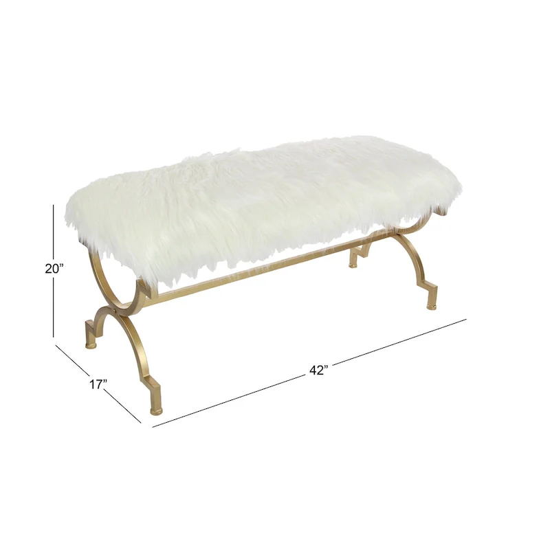 Gold Metal Bench - White Faux Fur Seat - 42