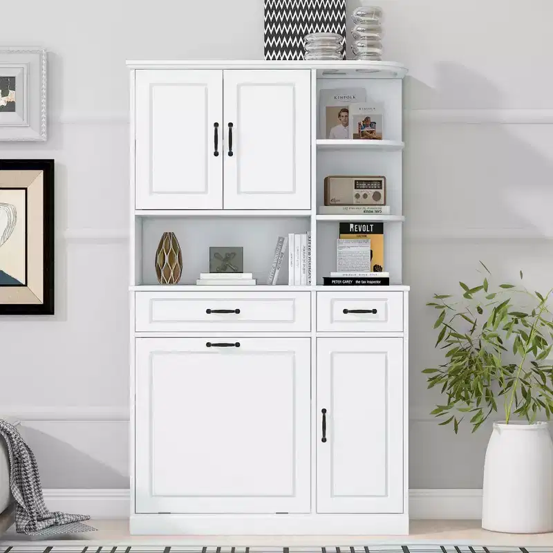 White Tall Storage Cabinet, 2-Door, Flip Drawer, MDF