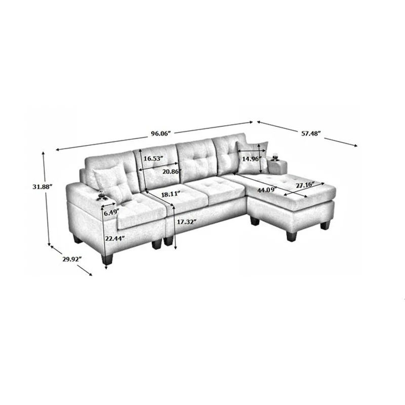 Sectional Sofa Living Room with L Shape Chaise Lounge and cup holder