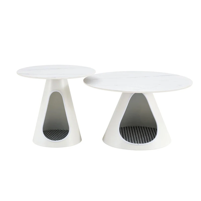 Set of 2 Coffee Round Tables With a Marble-Look top and steel base with 2 cat beds Multifunctional and stylish entable