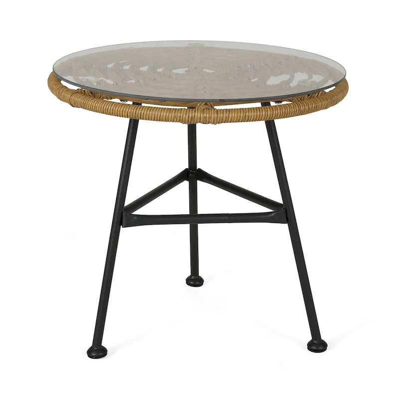 Tee Outdoor Side End Table, 20 Inch Rattan Weave, Glass Top, Steel