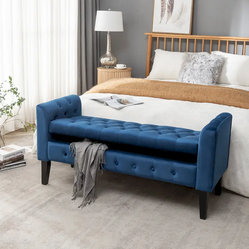 Porthos Home Brett Velvet Storage Bench with Rubberwood Legs