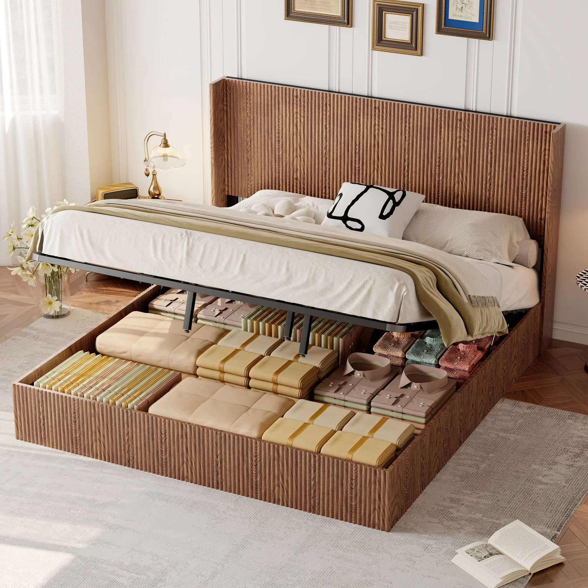 Walker Edison | Modern Grooved Undulating Lift Storage Bedframe