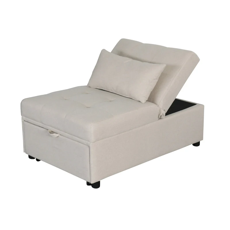 Beige Single Folding Ottoman Sofa Bed with Adjustable Back