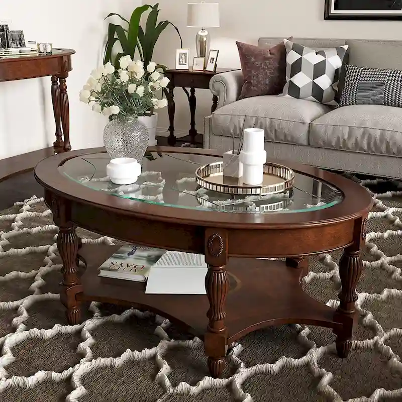 Solid Wood End Tables Coffee Tables Console Table with Glass Top