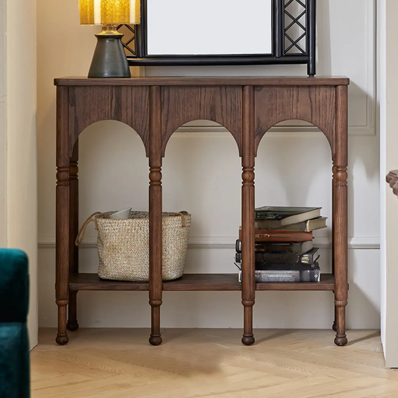 Rectangular Wood Brown Console Table with Shelves