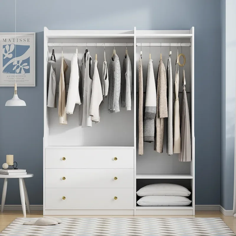 Open Wardrobe Armoire Closet, Armoire Wardrobe with 2 Hanging Rails and 3 Drawers, Wooden Wardrobe Storage Closets