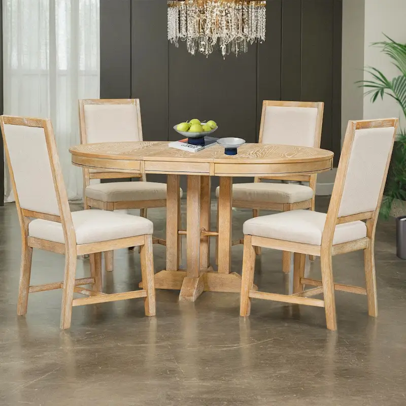 5-Piece Dining Set Extendable Round Table and 4 Upholstered Chairs Farmhouse Dining Set for Kitchen, Dining Room