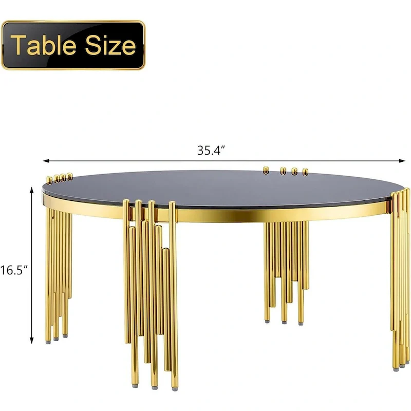 Modern 36 Round Coffee Table with Tempered Glass Top and Polished Chime-Shaped Legs