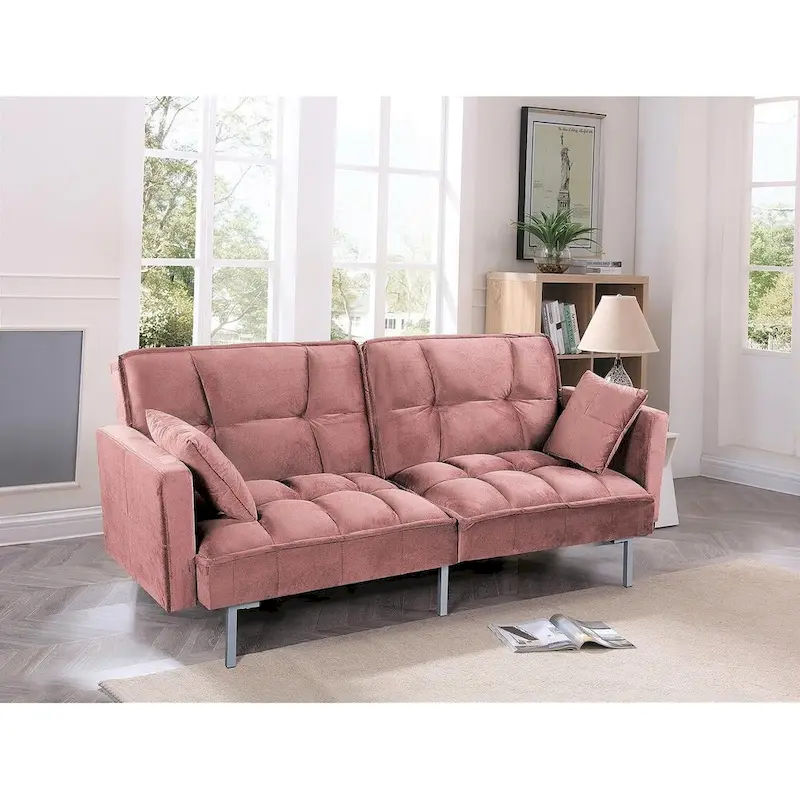 Regal Convertible Sleeper Sofa Bed Velvet Pull Out Couch with Mid-Century Style Tufted Design and Metal Legs