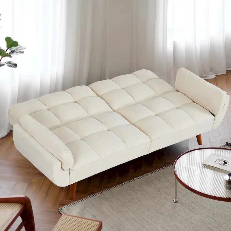 Convertible Futon Sofa Bed, Tufted Linen, Wood Legs, 3-Position Backrest, 500 lbs, Seats 2, Beige/Grey/Green/Yellow