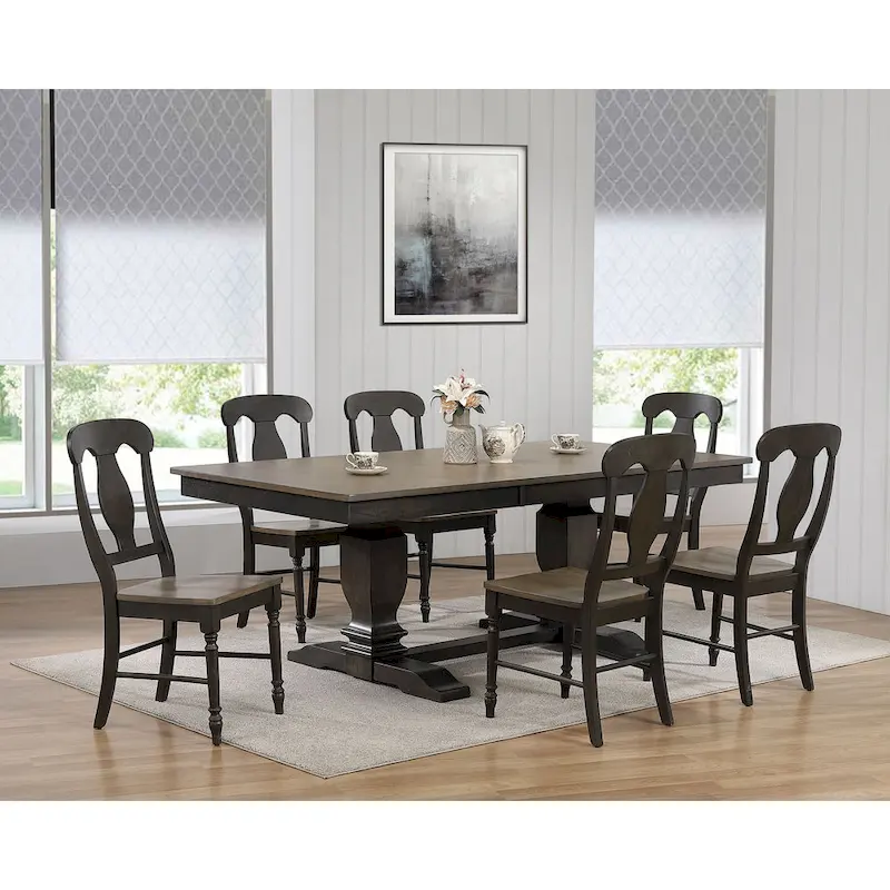 Double Transitional Pedestal Antiqued Grey Napoleon Back 7-Piece Set
