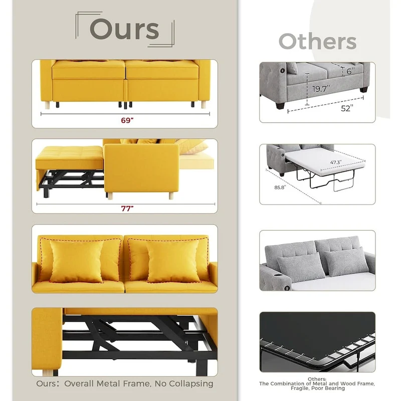 AECOJOY 3-in-1 Sofa Bed Double Sleeper Chair Bed