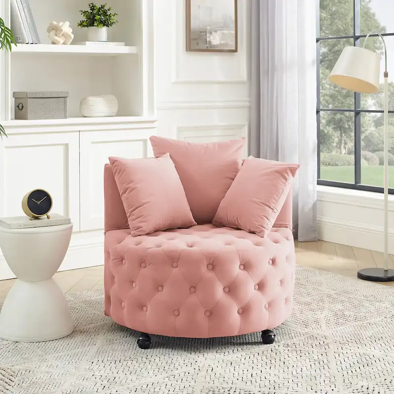 Living Room Velvet Swivel Chair with Button Tufted Design, 3 Pillows & Movable Wheels