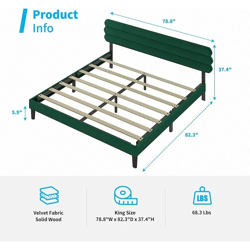 Fabric Padded Bedroom Furniture,Upholstered Bed Frame with Velvet Tufted Headboard