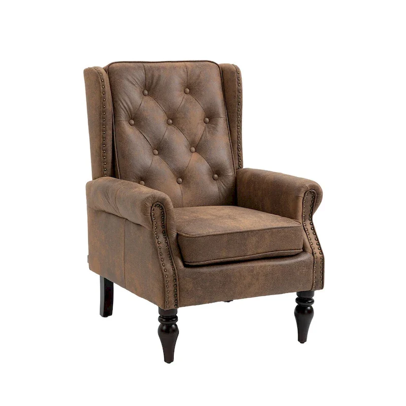 Upholstered PU Leather Accent Chair,Mid Century Button Tufted High Back Arm Chair with Armrest and Solid Wood Legs