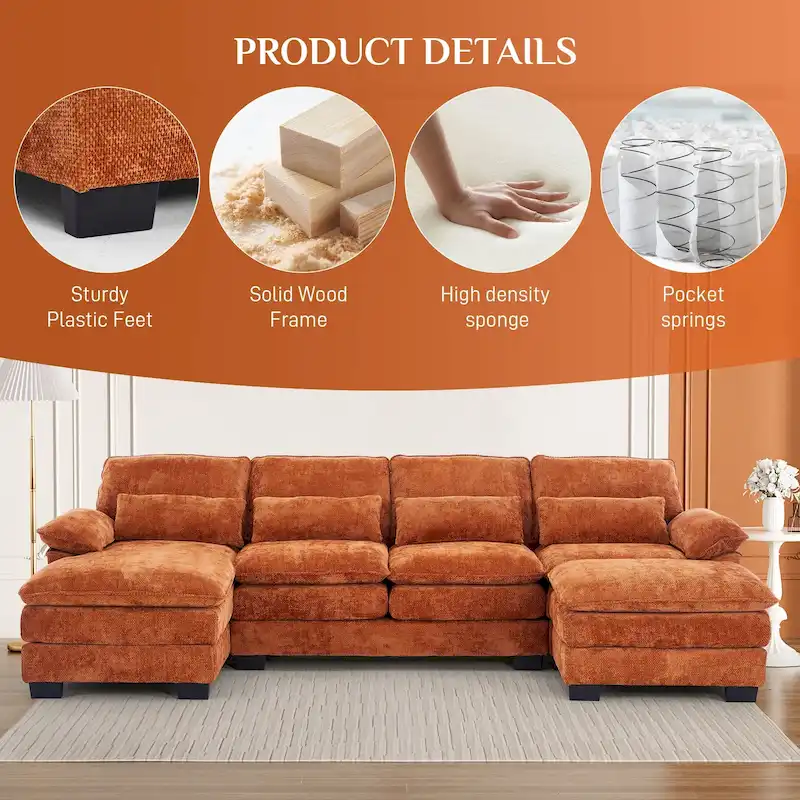 Ouyessir Soft Chenille Fabric U-shaped Sectional Sofa Set with Doudle Layer Cushion