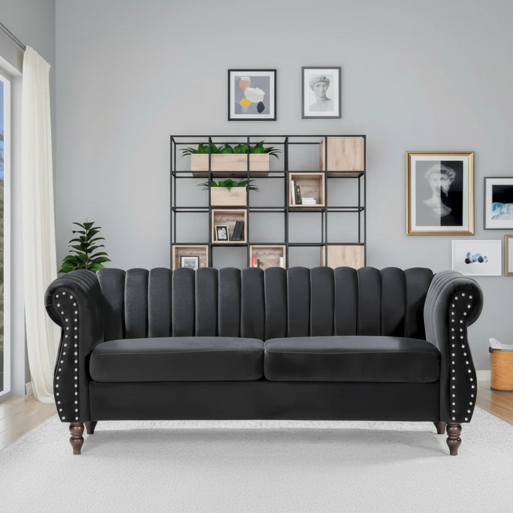 Velvet Chesterfield Rolled Arm Sofa