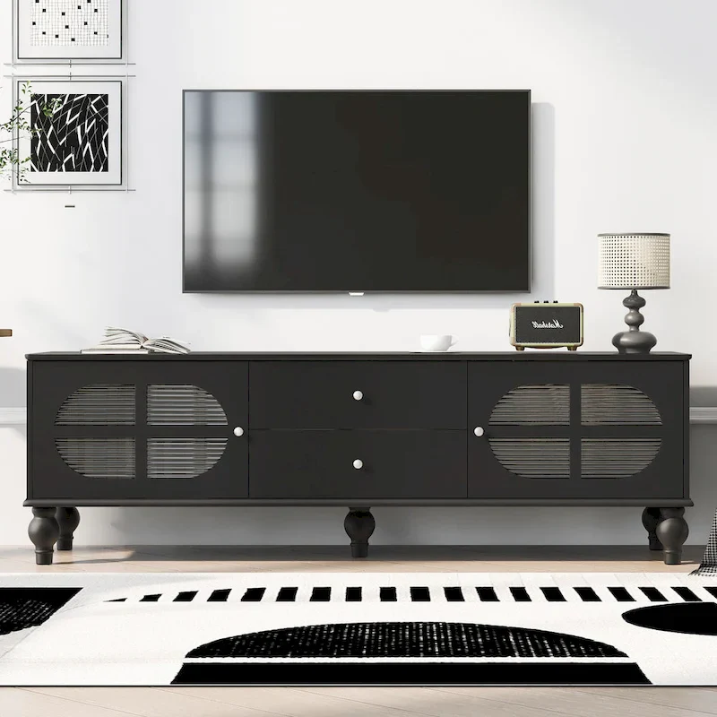 Modern Minimalist TV Stand with 2 Storage Cabinets, 2 Drawer and Cable Management for Living Room Bedroom