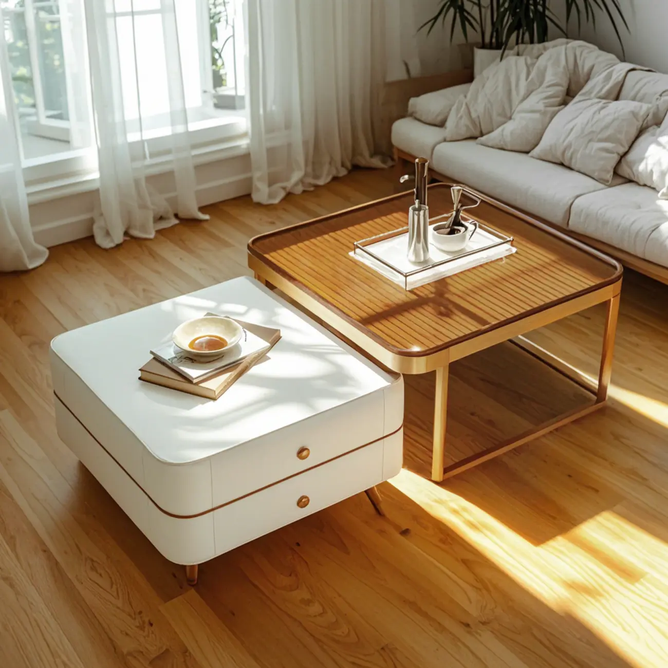 Modern White 2 Nesting Coffee Table Set with Storage