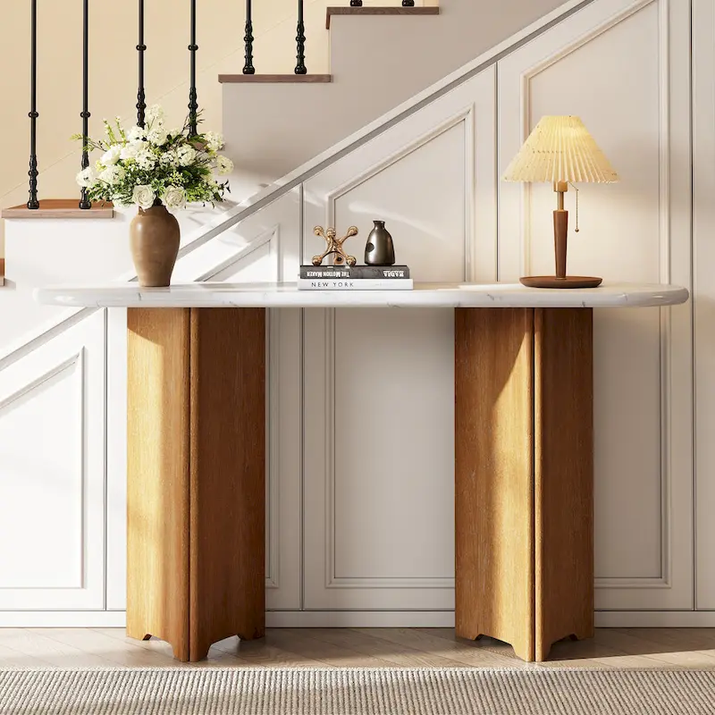 53.9 Console Table with Faux Marble Top & Wood Base