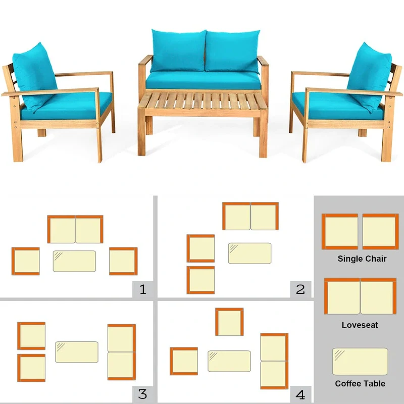 Gymax 4PCS Patio Acacia Wood Conversation Furniture Set w/ Turquoise - See Details