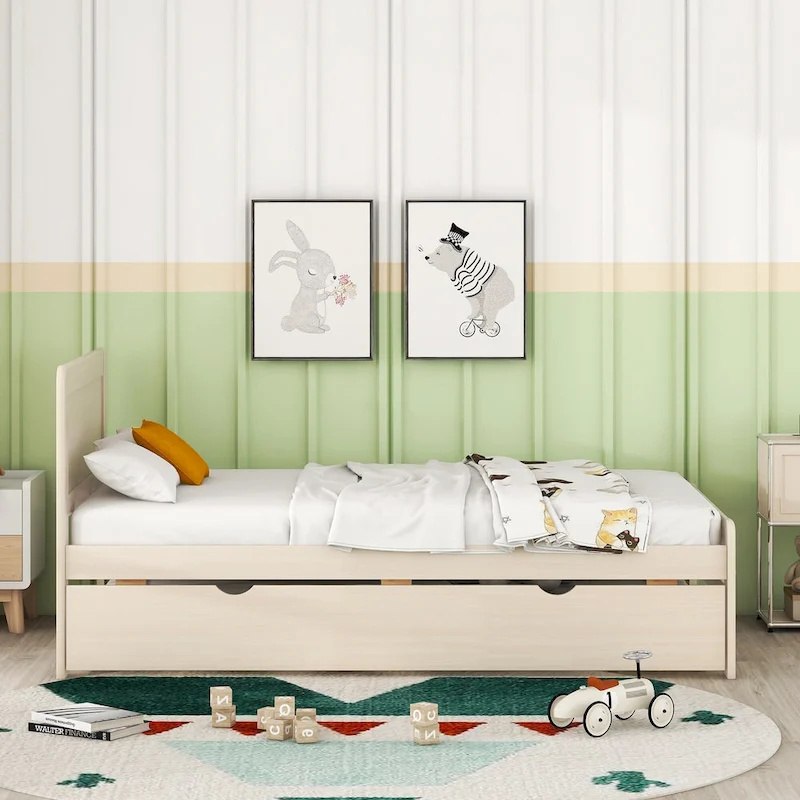 White Solid Wood Twin Platform Bed Frame with Trundle and Modern Wood Headboard