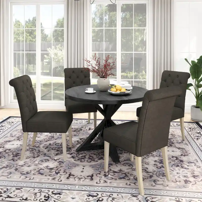 Roundhill Furniture Banff 5-Piece Round Dining Set, Cross-Buck Round Table with 4 Tufted Chairs