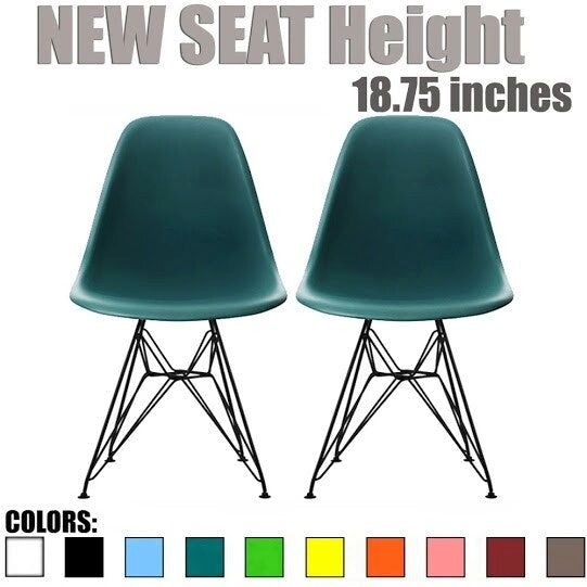 Set of 2 Mid-Century Modern Dining Side Chairs Armless Plastic Shell Seat with Black Metal Wire Eiffel Base, White